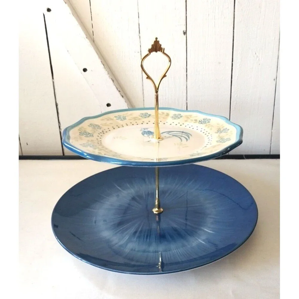 Custom 2 Tier Cake Stand Cottage Core Blue Floral Rooster Country